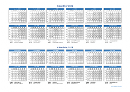 Calendrier Janvier 2025 à Décembre 2026 Horizontal Modèle 01
