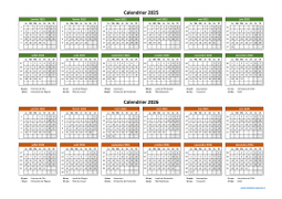 Calendrier Janvier 2025 à Décembre 2026 Horizontal Modèle 02