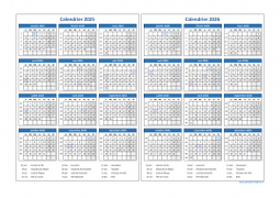 Calendrier Janvier 2025 à Décembre 2026 Horizontal Modèle 03