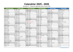 Calendrier Septembre 2025 à Août 2026 Semestre Fêtes