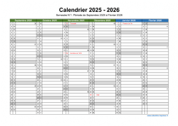 Calendrier Septembre 2025 à Août 2026 Semestre