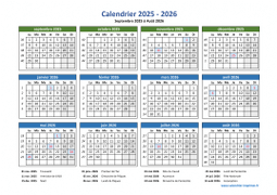 Calendrier Septembre 2025 à Août 2026 Vacances Horizontal