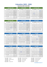 Calendrier Septembre 2025 à Août 2026 Vacances Vertical