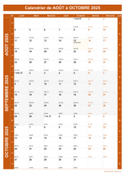 Calendrier pour les mois de Août à Octobre 2025 portrait 1