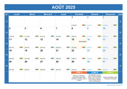 Calendrier aout 2025 paysage avec vacances, jours fériés et numéros de semaine