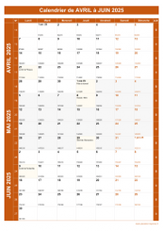 Calendrier pour les mois de Avril à Juin 2025 portrait 1