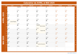 Calendrier pour les mois de Avril et Mai 2025 paysage 1