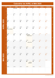 Calendrier pour les mois de Avril et Mai 2025 portrait 1