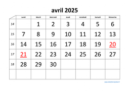 calendrier avril 2025