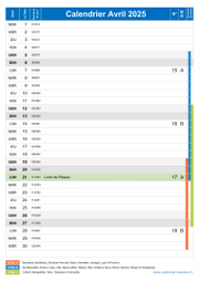 Calendrier avril 2025 portrait avec vacances, jours fériés et numéros de semaine