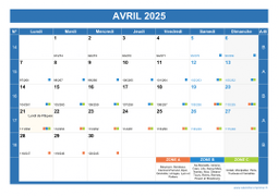 Calendrier avril 2025 paysage avec vacances, jours fériés et numéros de semaine