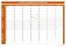 Calendrier pour les mois de Décembre 2025 à Février 2026 paysage 1