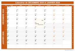 Calendrier pour les mois de Décembre 2025 et Janvier 2026 paysage 1