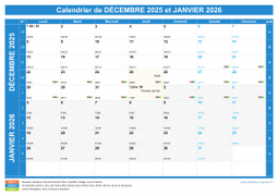 Calendrier scolaire pour Décembre 2025 et Janvier 2026 paysage 1