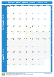 Calendrier scolaire pour Décembre 2025 et Janvier 2026 portrait 1