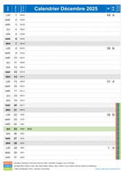 Calendrier decembre 2025 portrait avec vacances, jours fériés et numéros de semaine