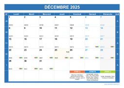 Calendrier decembre 2025 paysage avec vacances, jours fériés et numéros de semaine