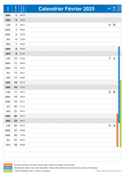 Calendrier fevrier 2025 portrait avec vacances, jours fériés et numéros de semaine