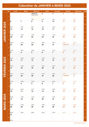 Calendrier pour les mois de Janvier à Mars 2025 portrait 1