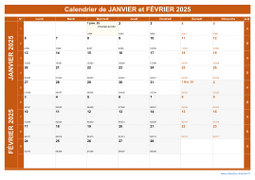 Calendrier pour les mois de Janvier et Février 2025 paysage 1