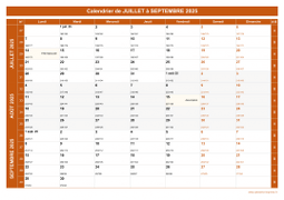 Calendrier pour les mois de Juillet à Septembre 2025 paysage 1
