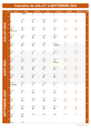 Calendrier pour les mois de Juillet à Septembre 2025 portrait 1