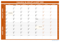 Calendrier pour les mois de Juillet et Août 2025 paysage 1