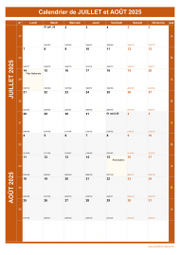 Calendrier pour les mois de Juillet et Août 2025 portrait 1