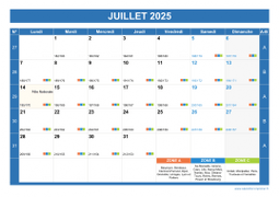 Calendrier juillet 2025 paysage avec vacances, jours fériés et numéros de semaine