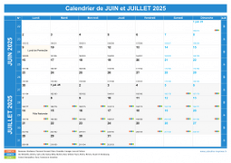 Calendrier scolaire pour Juin et Juillet 2025 paysage 1