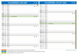 Calendrier scolaire pour Juin et Juillet 2025 paysage 2