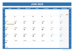 Calendrier juin 2025 paysage avec vacances, jours fériés et numéros de semaine