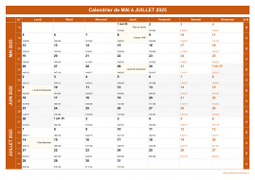 Calendrier pour les mois de Mai à Juillet 2025 paysage 1