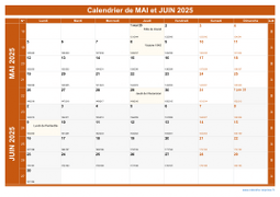 Calendrier pour les mois de Mai et Juin 2025 paysage 1