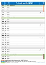 Calendrier mai 2025 portrait avec vacances, jours fériés et numéros de semaine