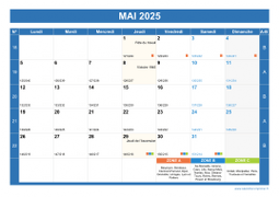 Calendrier mai 2025 paysage avec vacances, jours fériés et numéros de semaine
