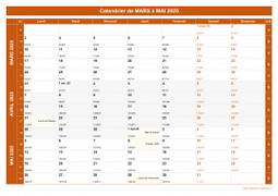 Calendrier pour les mois de Mars à Mai 2025 paysage 1