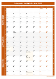 Calendrier pour les mois de Mars à Mai 2025 portrait 1