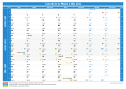 Calendrier scolaire pour Mars à Mai 2025 paysage 1