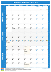 Calendrier scolaire pour Mars à Mai 2025 portrait 1