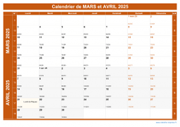 Calendrier pour les mois de Mars et Avril 2025 paysage 1