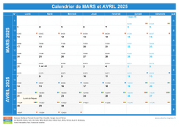 Calendrier scolaire pour Mars et Avril 2025 paysage 1