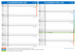 Calendrier scolaire pour Mars et Avril 2025 paysage 2