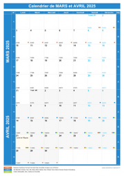 Calendrier scolaire pour Mars et Avril 2025 portrait 1