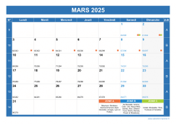 Calendrier mars 2025 paysage avec vacances, jours fériés et numéros de semaine