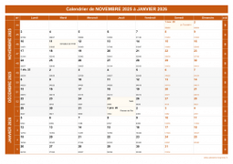 Calendrier pour les mois de Novembre 2025 à Janvier 2026 paysage 1