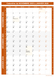 Calendrier pour les mois de Novembre 2025 à Janvier 2026 portrait 1