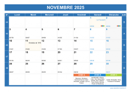 Calendrier novembre 2025 paysage avec vacances, jours fériés et numéros de semaine