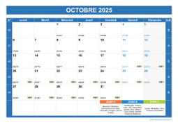 Calendrier octobre 2025 paysage avec vacances, jours fériés et numéros de semaine