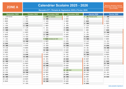 Calendrier scolaire 2025-2026 avec jours fériés - Zone A à imprimer - 1er semestre